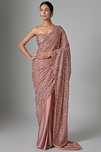 Peach Satin Sequin Embellished Saree Set by Tarun Tahiliani