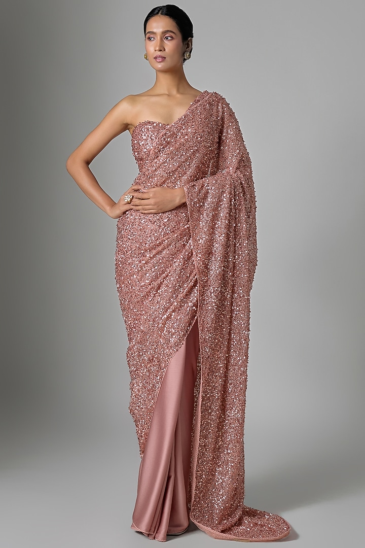 Peach Satin Sequin Embellished Bridal Saree Set by Tarun Tahiliani at Pernia's Pop Up Shop