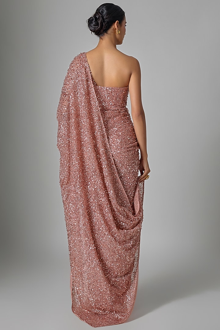 Peach Satin Sequin Embellished Bridal Saree Set by Tarun Tahiliani at Pernia's Pop Up Shop