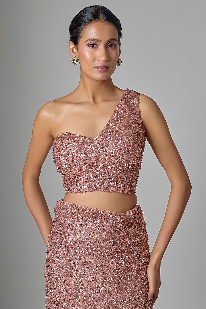 Peach Satin Sequin Embellished Bridal Saree Set by Tarun Tahiliani at Pernia's Pop Up Shop
