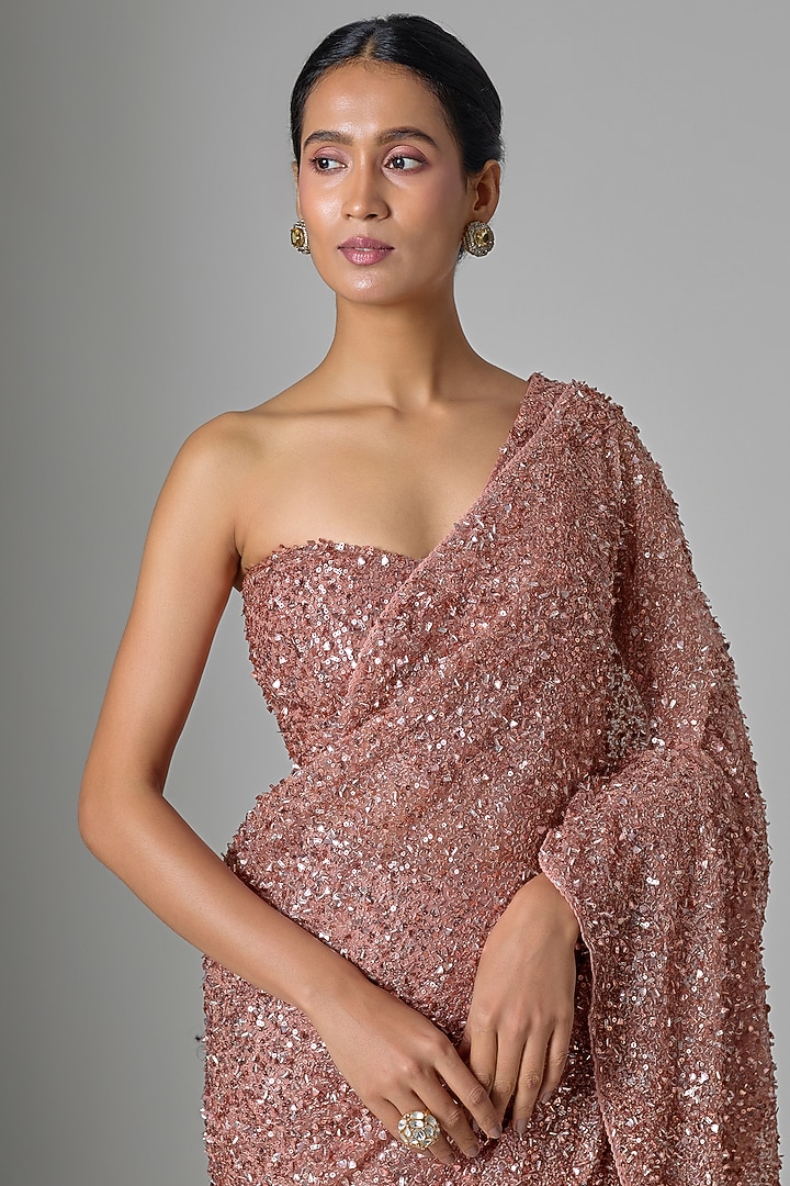 Peach Satin Sequin Embellished Bridal Saree Set by Tarun Tahiliani at Pernia's Pop Up Shop