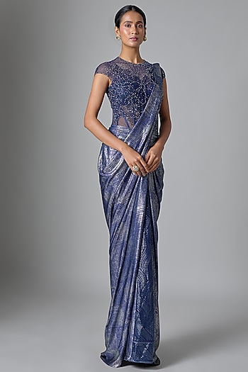 Ink Blue Foil Jersey Embellished Concept Saree Set by Tarun Tahiliani
