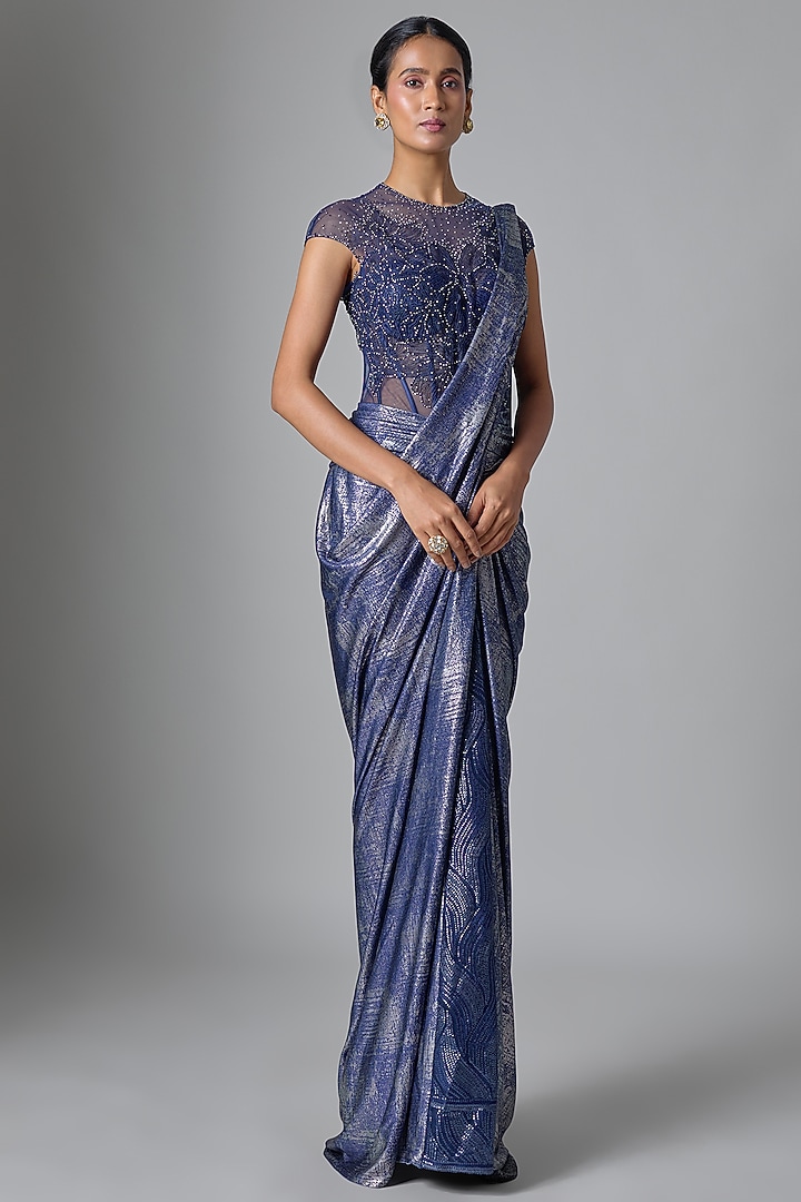 Ink Blue Foil Jersey Embellished Concept Reception Saree Set by Tarun Tahiliani at Pernia's Pop Up Shop