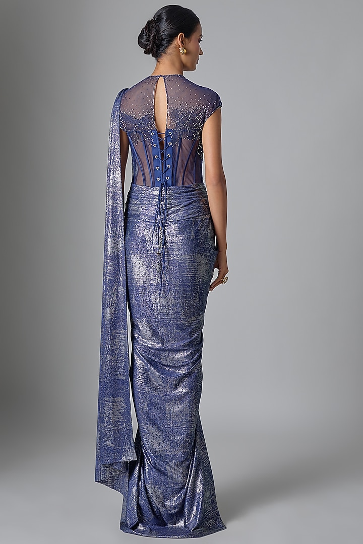 Ink Blue Foil Jersey Embellished Concept Reception Saree Set by Tarun Tahiliani at Pernia's Pop Up Shop
