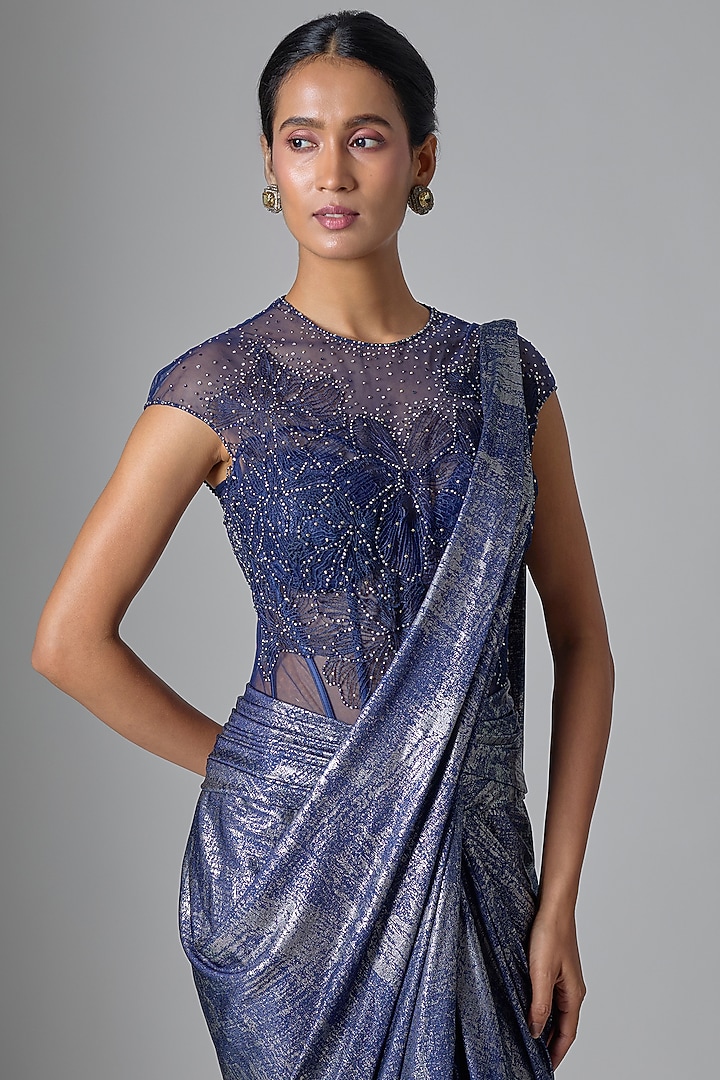 Ink Blue Foil Jersey Embellished Concept Reception Saree Set by Tarun Tahiliani at Pernia's Pop Up Shop