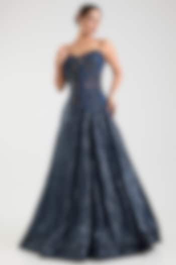 Ink Blue Tulle Net & Italian Net Bridal Lehenga Set by Tarun Tahiliani at Pernia's Pop Up Shop