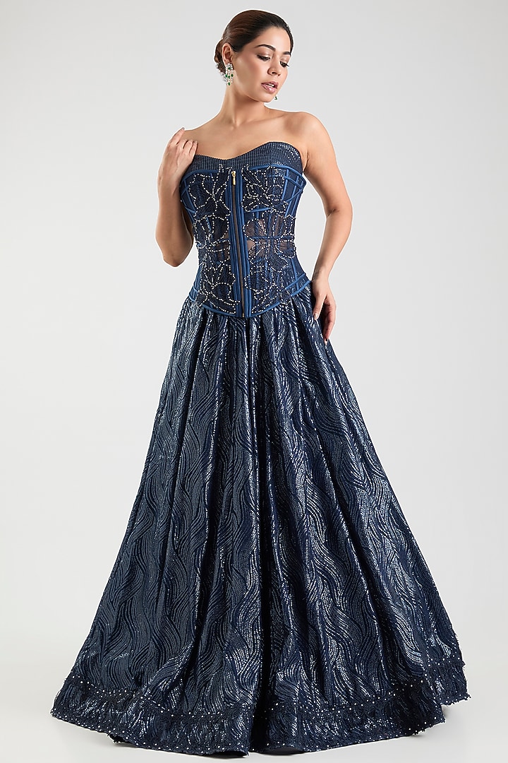 Ink Blue Tulle Net & Italian Net Bridal Lehenga Set by Tarun Tahiliani at Pernia's Pop Up Shop