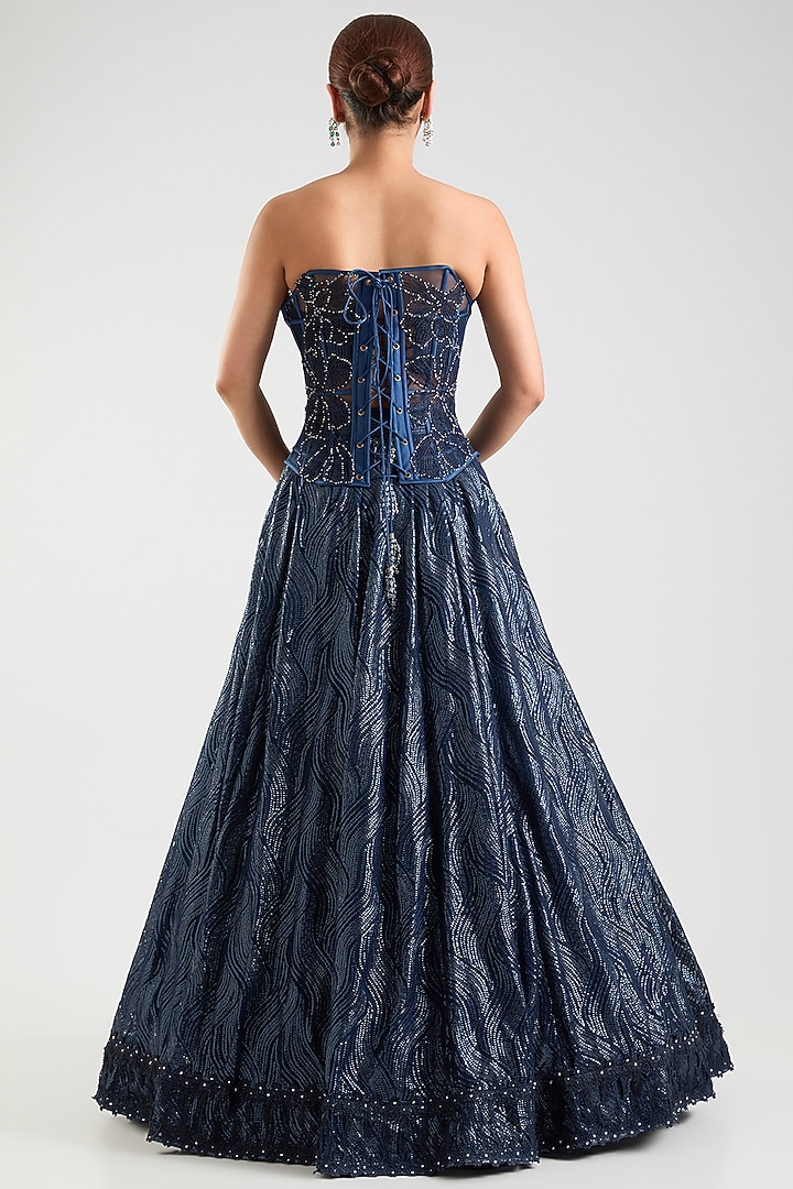 Ink Blue Tulle Net & Italian Net Bridal Lehenga Set by Tarun Tahiliani at Pernia's Pop Up Shop