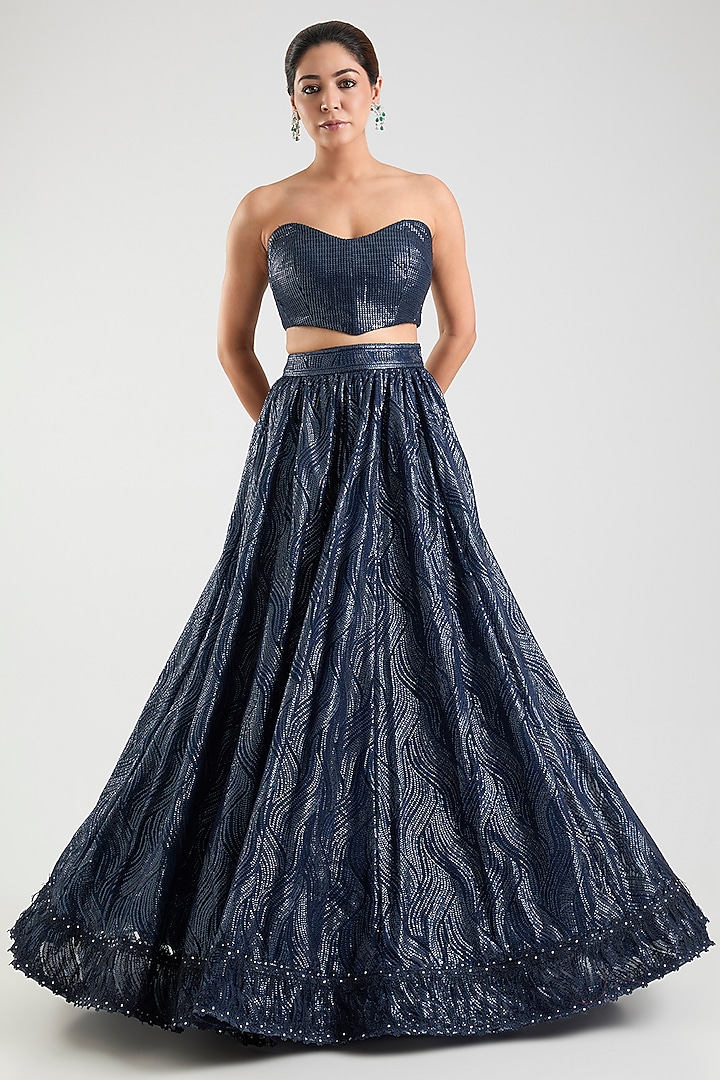 Ink Blue Tulle Net & Italian Net Bridal Lehenga Set by Tarun Tahiliani at Pernia's Pop Up Shop