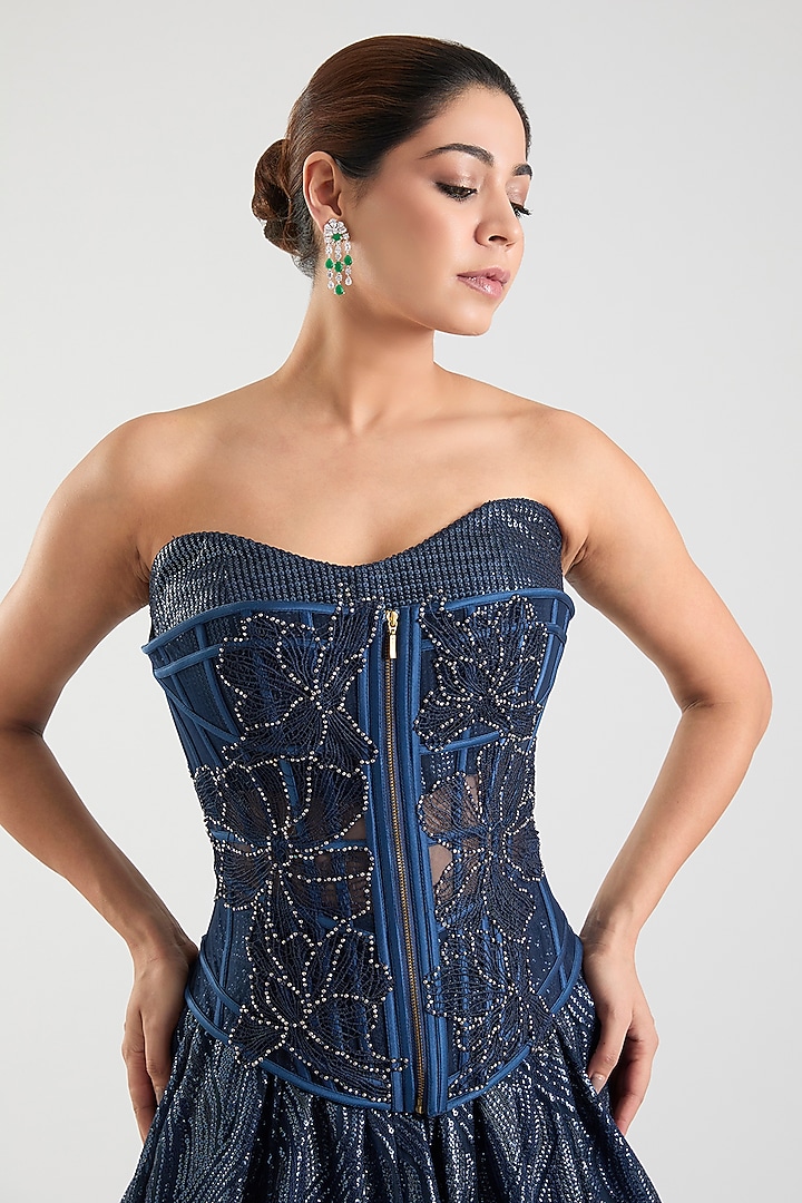 Ink Blue Tulle Net & Italian Net Bridal Lehenga Set by Tarun Tahiliani at Pernia's Pop Up Shop