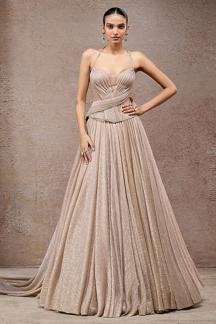 Champagne Crinkle Net Skirt Set by Tarun Tahiliani at Pernia's Pop Up Shop