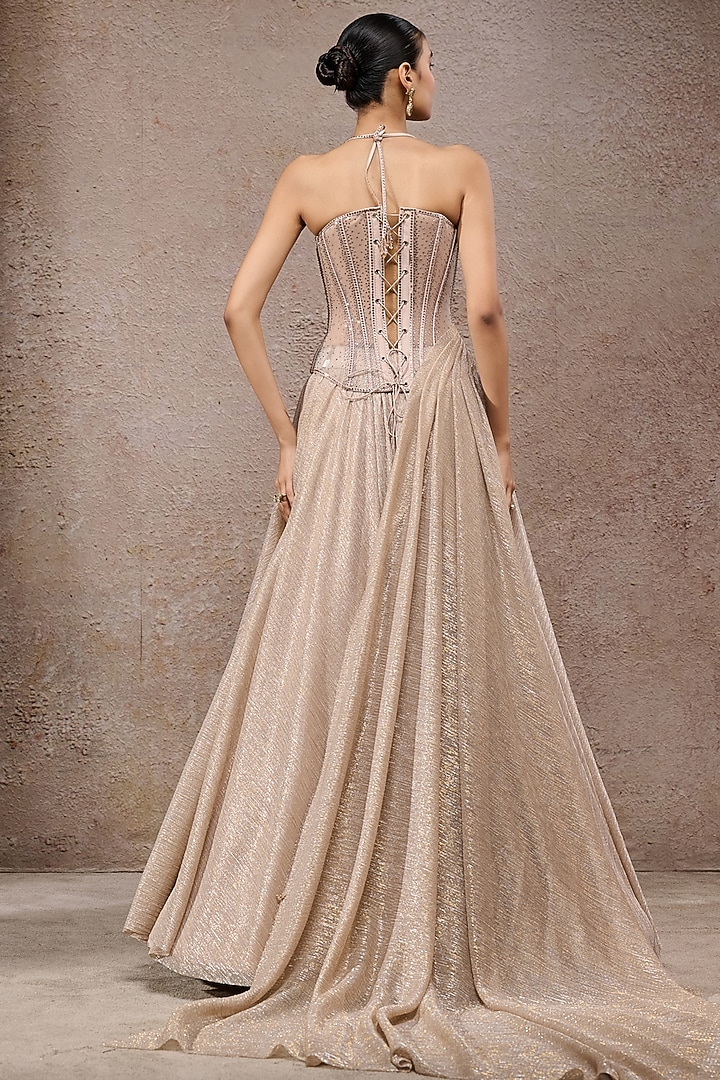 Champagne Crinkle Net Skirt Set by Tarun Tahiliani at Pernia's Pop Up Shop
