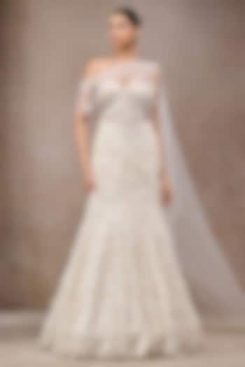 Ivory Soft Net Pearl Embroidered Bridal Lehenga Saree Set by Tarun Tahiliani at Pernia's Pop Up Shop