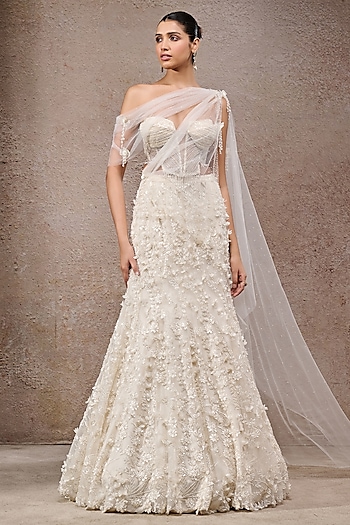 Ivory Soft Net Pearl Embroidered Lehenga Saree Set by Tarun Tahiliani