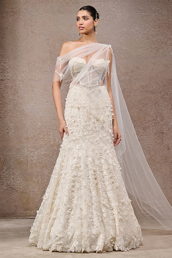 Ivory Soft Net Pearl Embroidered Bridal Lehenga Saree Set by Tarun Tahiliani at Pernia's Pop Up Shop