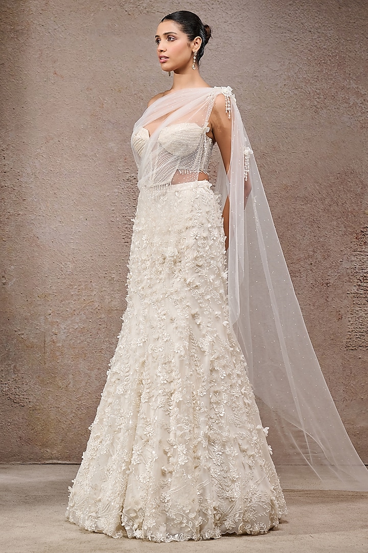 Ivory Soft Net Pearl Embroidered Bridal Lehenga Saree Set by Tarun Tahiliani at Pernia's Pop Up Shop