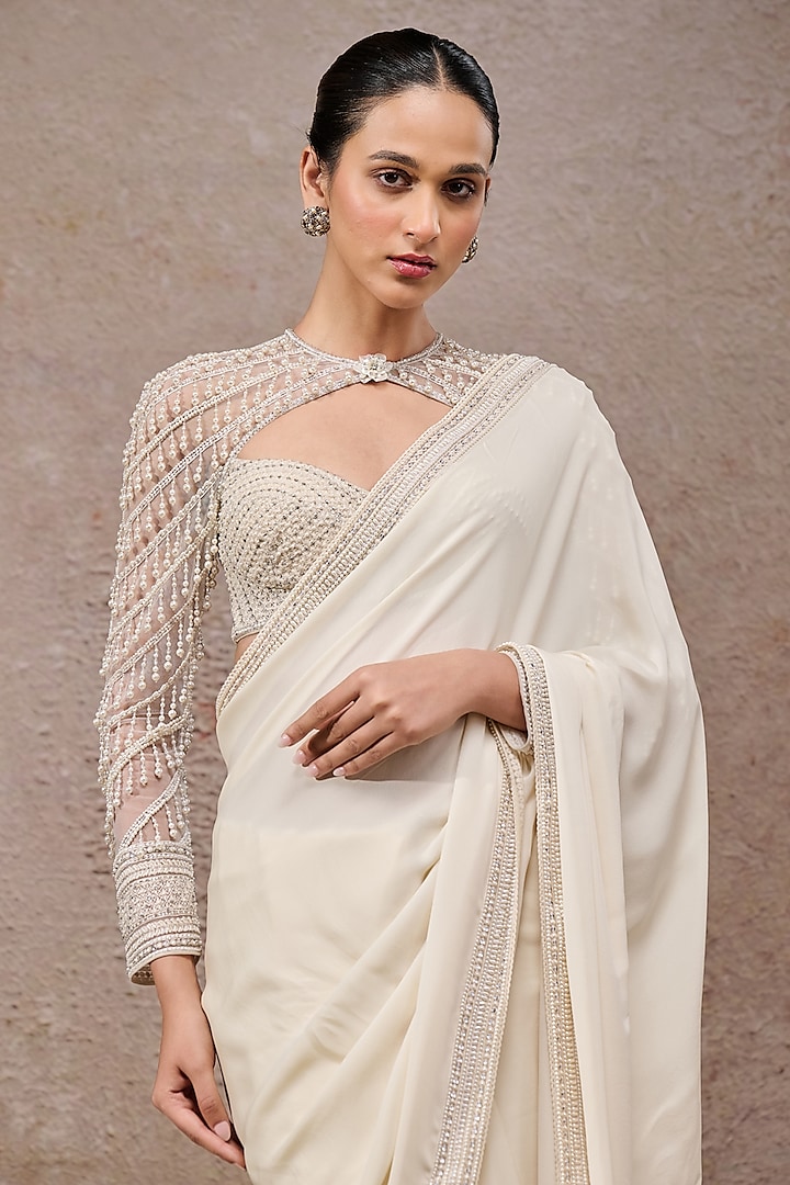 Ivory Georgette Embroidered Bridal Saree Set by Tarun Tahiliani at Pernia's Pop Up Shop