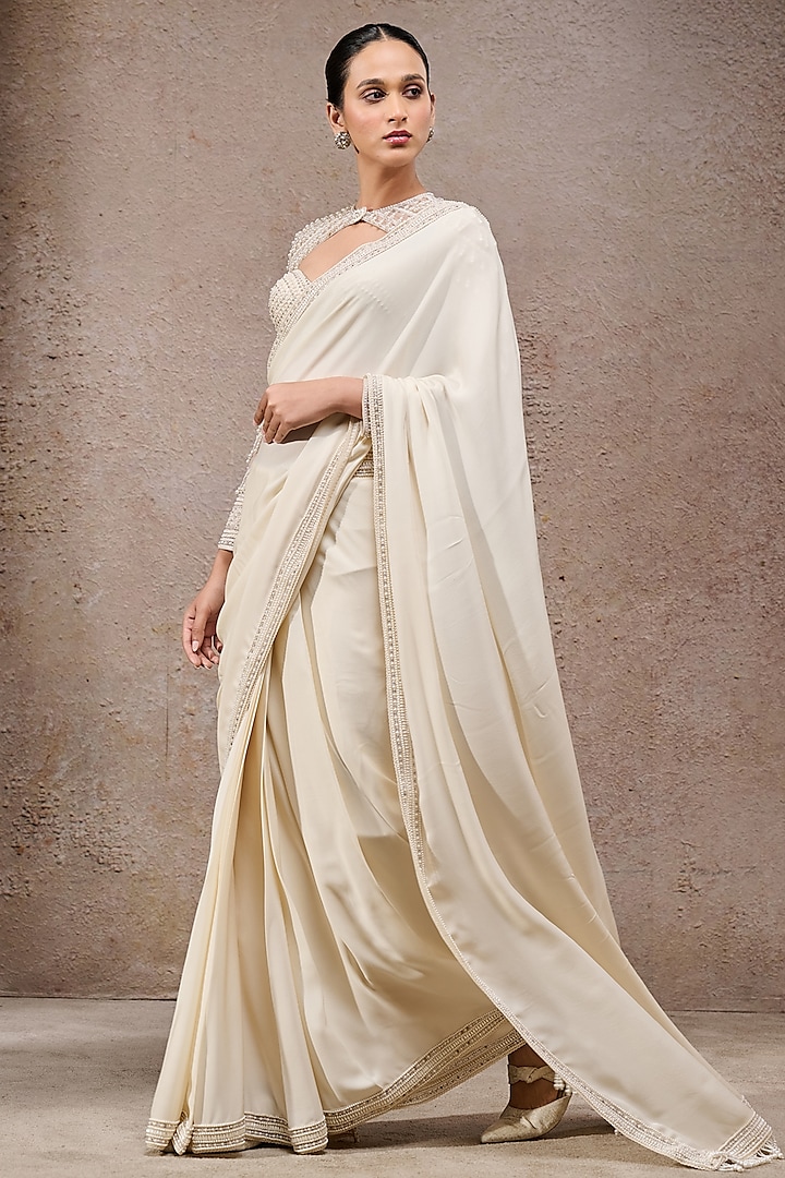 Ivory Georgette Embroidered Bridal Saree Set by Tarun Tahiliani at Pernia's Pop Up Shop