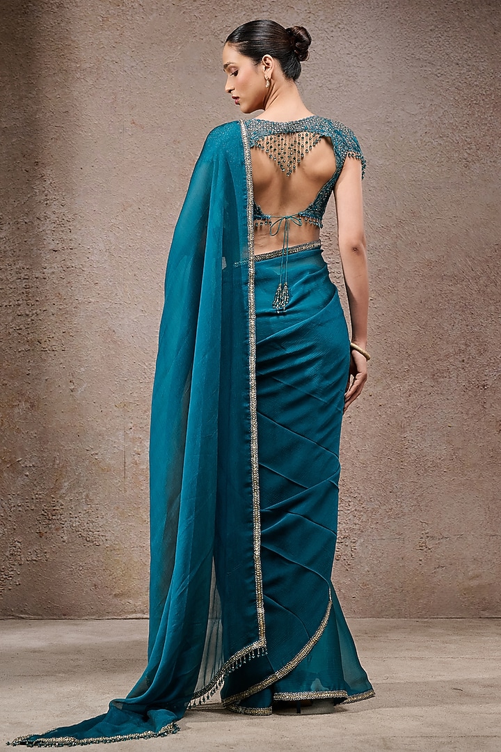 Teal Blue Chiffon Embroidered Reception Saree Set by Tarun Tahiliani at Pernia's Pop Up Shop