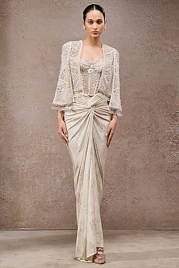 Ivory Foil Jersey Skirt Set by Tarun Tahiliani