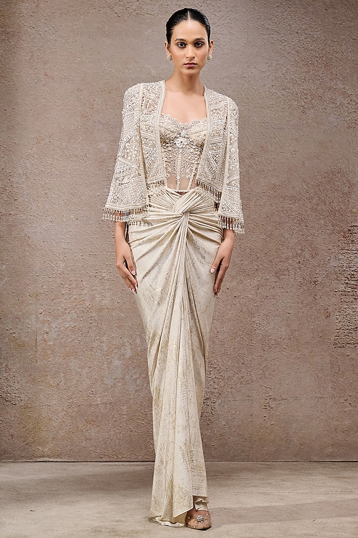 Ivory Foil Jersey Skirt Set by Tarun Tahiliani at Pernia's Pop Up Shop