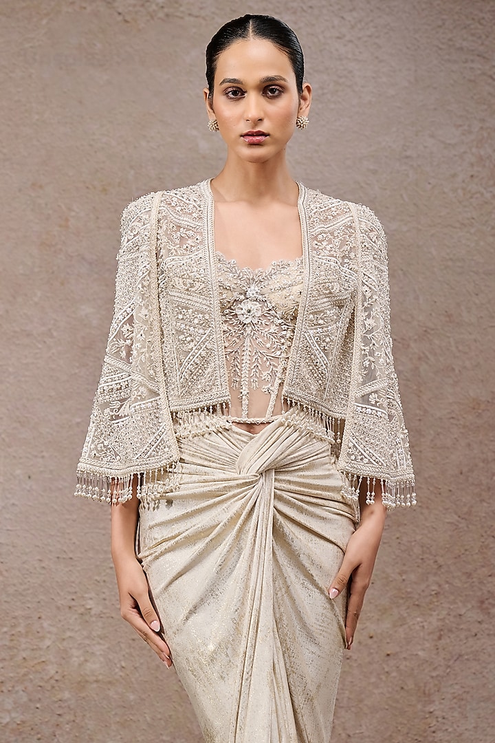 Ivory Foil Jersey Skirt Set by Tarun Tahiliani at Pernia's Pop Up Shop