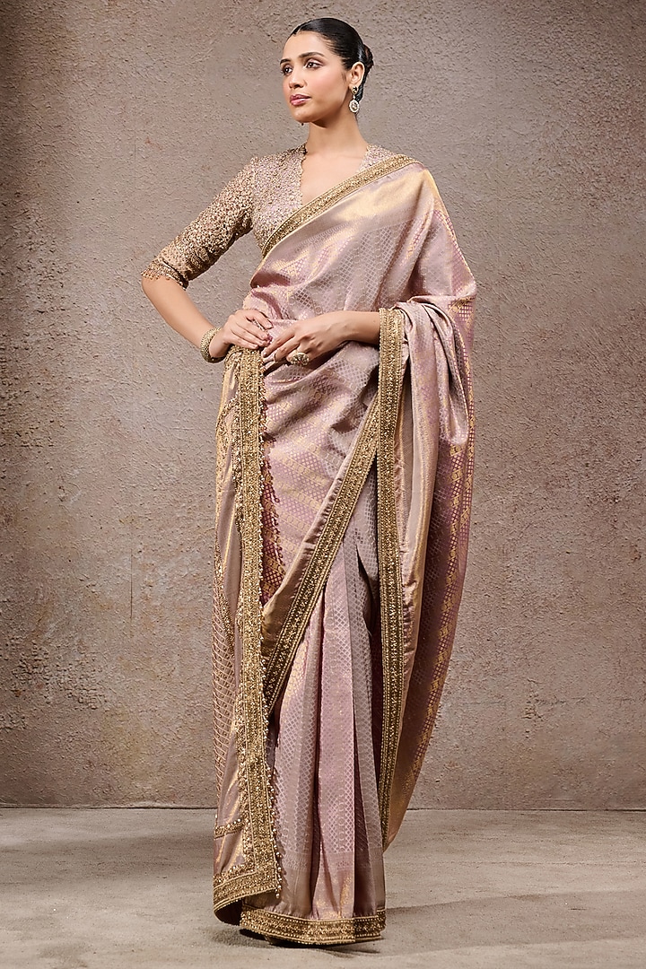 Purple & Gold Brocade Hand Embroidered Bridal Saree Set by Tarun Tahiliani at Pernia's Pop Up Shop