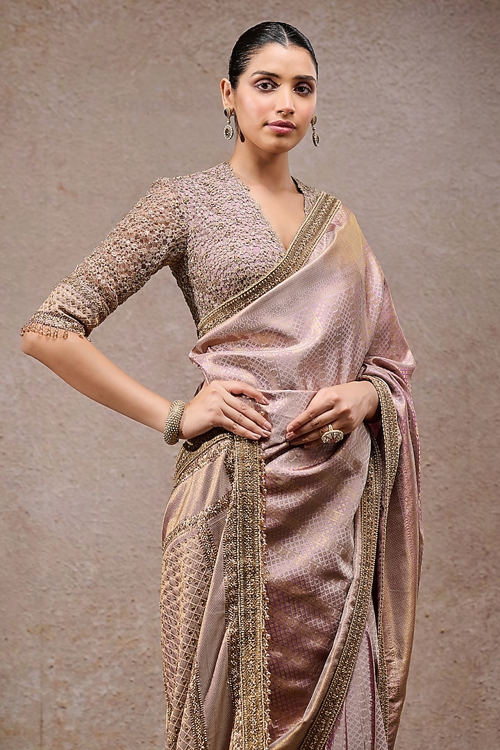 Purple & Gold Brocade Hand Embroidered Bridal Saree Set by Tarun Tahiliani at Pernia's Pop Up Shop