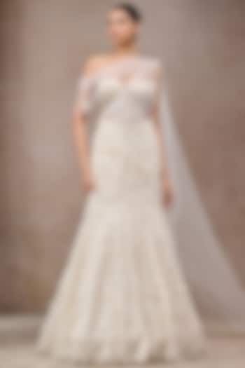 Ivory Soft Net Pearl Embroidered Lehenga Bridal Saree Set by Tarun Tahiliani at Pernia's Pop Up Shop