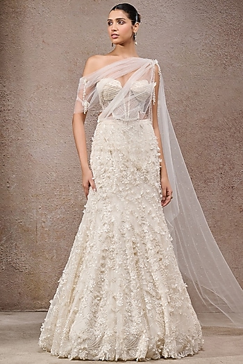 Ivory Soft Net Pearl Embroidered Lehenga Saree Set by Tarun Tahiliani
