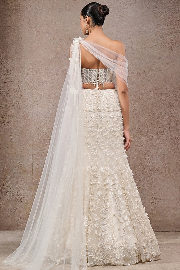 Ivory Soft Net Pearl Embroidered Lehenga Bridal Saree Set by Tarun Tahiliani at Pernia's Pop Up Shop