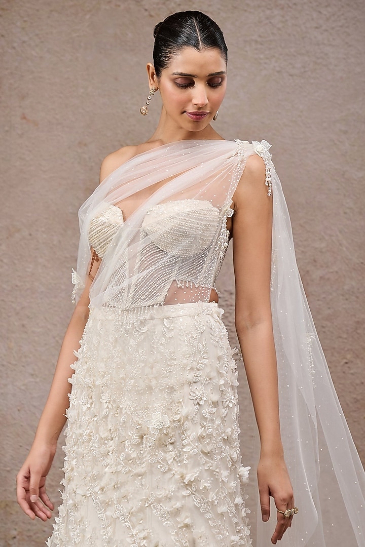 Ivory Soft Net Pearl Embroidered Lehenga Bridal Saree Set by Tarun Tahiliani at Pernia's Pop Up Shop