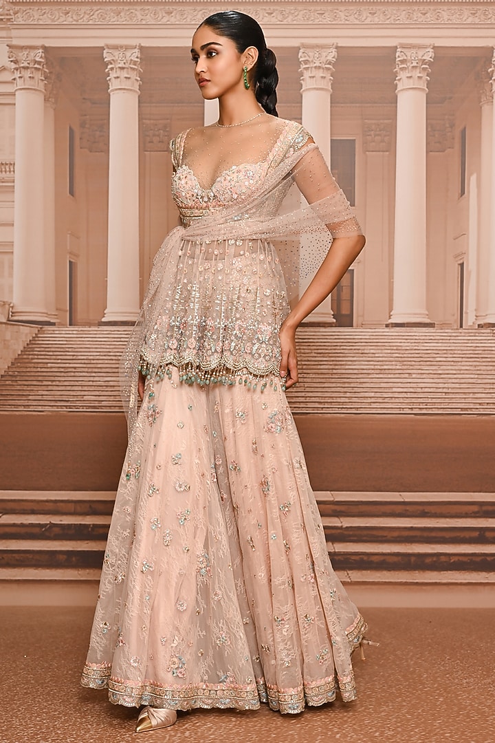Pink Tulle Floral Embroidered Bridal Sharara Set by Tarun Tahiliani at Pernia's Pop Up Shop