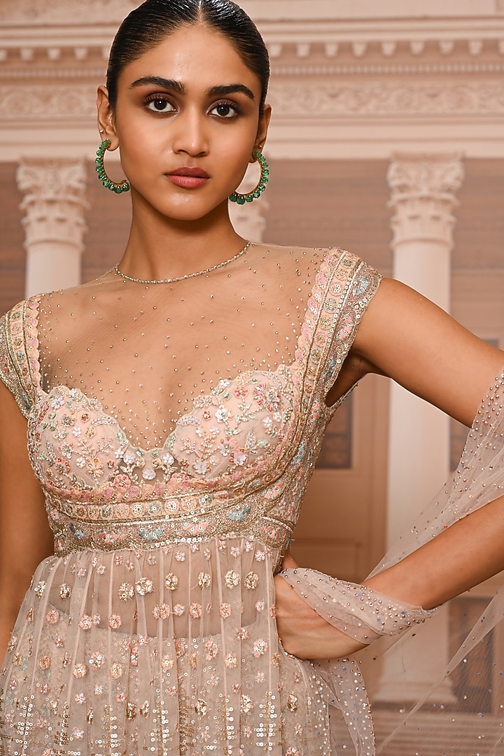 Pink Tulle Floral Embroidered Bridal Sharara Set by Tarun Tahiliani at Pernia's Pop Up Shop