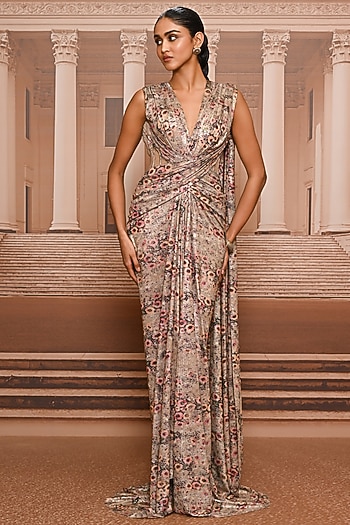 Multi-Colored Foil Jersey Printed Concept Saree by Tarun Tahiliani