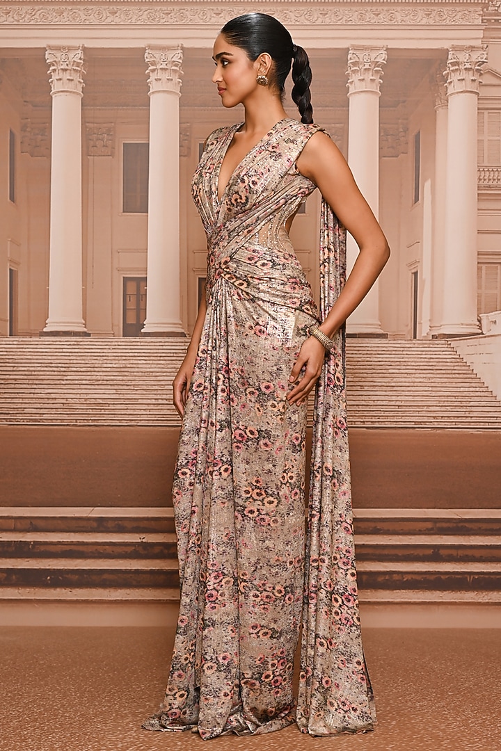 Multi-Colored Foil Jersey Printed Concept Reception Saree by Tarun Tahiliani at Pernia's Pop Up Shop