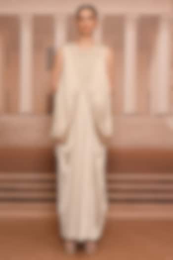 Beige Satin Embroidered Party Wear Dress With Slip by Tarun Tahiliani at Pernia's Pop Up Shop