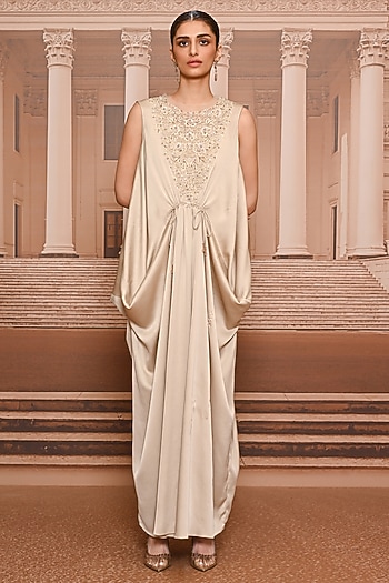 Beige Satin Embroidered Dress With Slip by Tarun Tahiliani