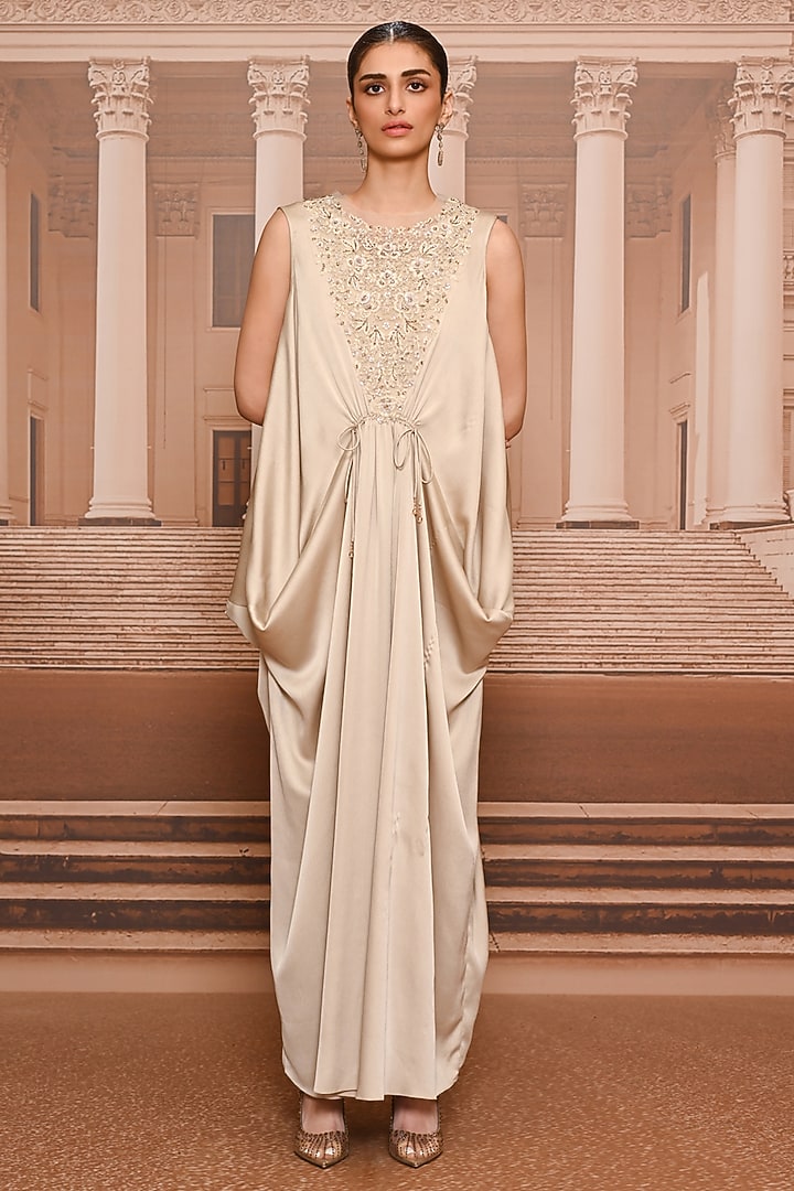 Beige Satin Embroidered Party Wear Dress With Slip by Tarun Tahiliani at Pernia's Pop Up Shop