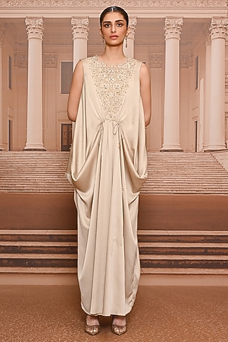 Beige Satin Embroidered Dress With Slip by tarun tahiliani