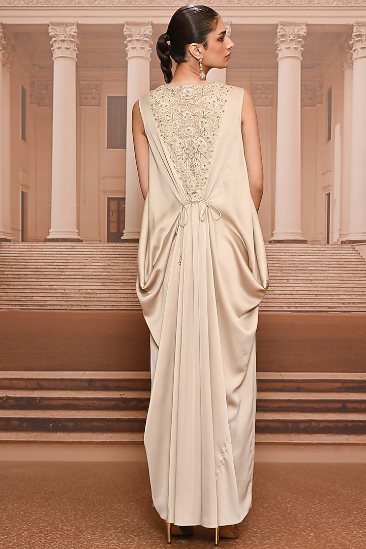 Beige Satin Embroidered Party Wear Dress With Slip by Tarun Tahiliani at Pernia's Pop Up Shop