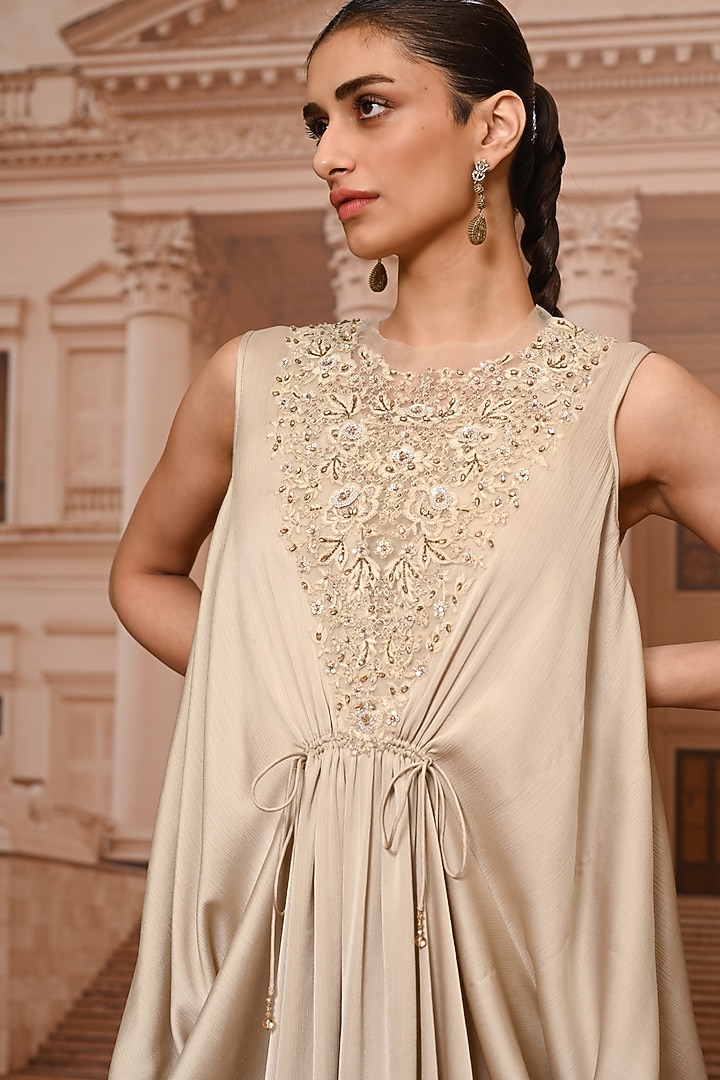 Beige Satin Embroidered Party Wear Dress With Slip by Tarun Tahiliani at Pernia's Pop Up Shop