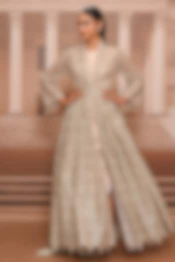 Oyster-Colored Satin Party Wear Dress With Jacket by Tarun Tahiliani at Pernia's Pop Up Shop