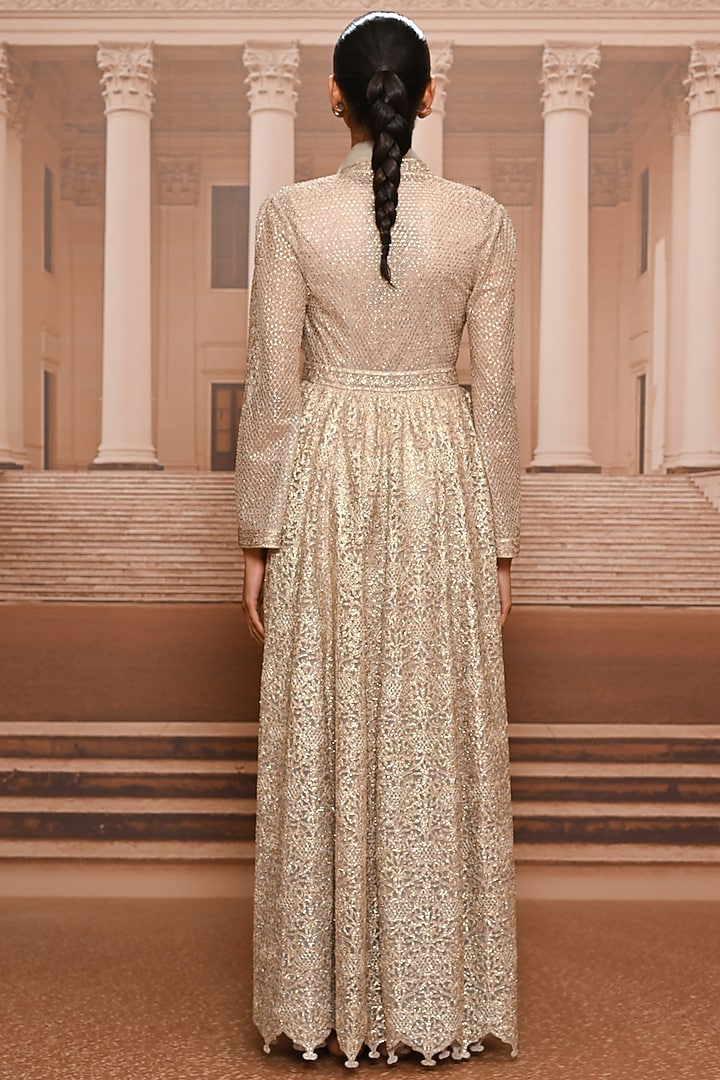 Oyster-Colored Satin Party Wear Dress With Jacket by Tarun Tahiliani at Pernia's Pop Up Shop