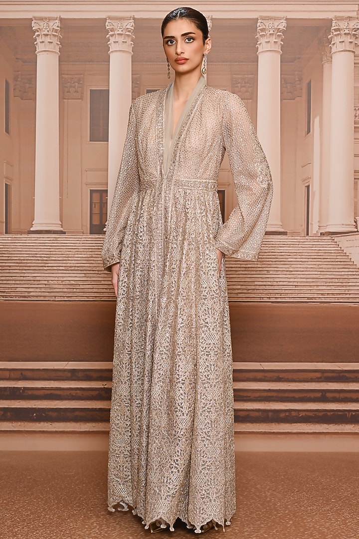 Oyster-Colored Satin Party Wear Dress With Jacket by Tarun Tahiliani at Pernia's Pop Up Shop