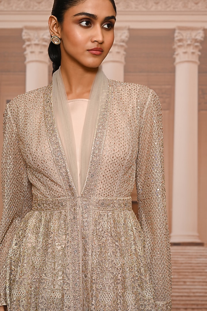 Oyster-Colored Satin Party Wear Dress With Jacket by Tarun Tahiliani at Pernia's Pop Up Shop