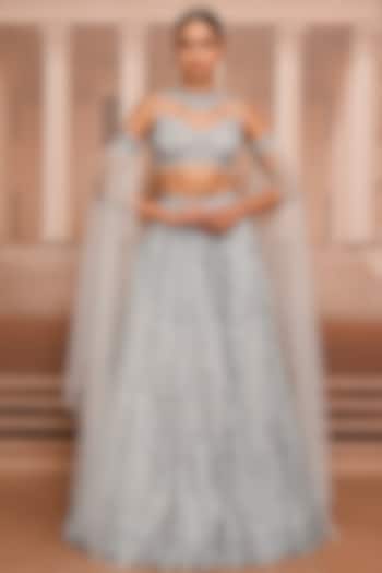 Ice Blue Tulle Pearl Embroidered Bridal Lehenga Set by Tarun Tahiliani at Pernia's Pop Up Shop