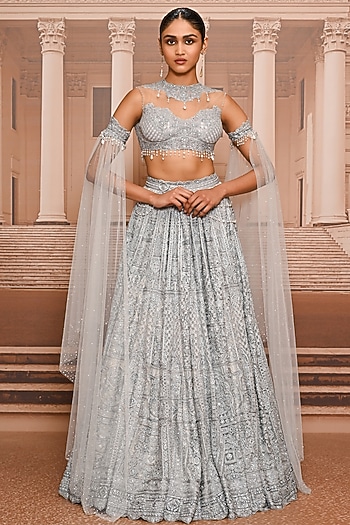 Ice Blue Tulle Pearl Embroidered Lehenga Set by Tarun Tahiliani