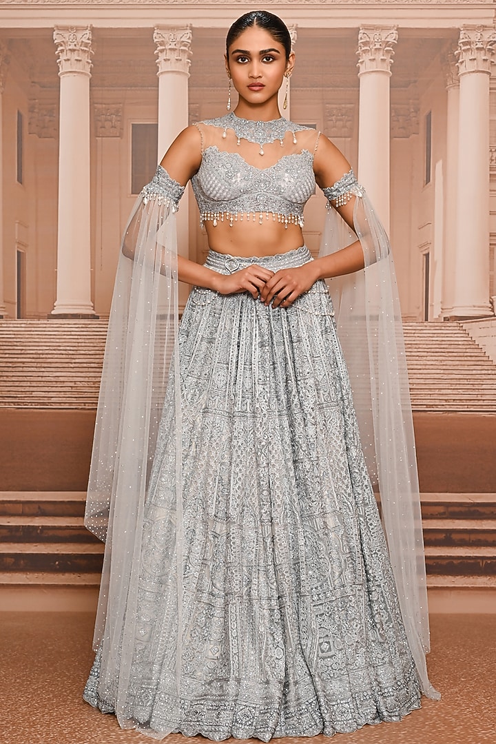Ice Blue Tulle Pearl Embroidered Bridal Lehenga Set by Tarun Tahiliani at Pernia's Pop Up Shop