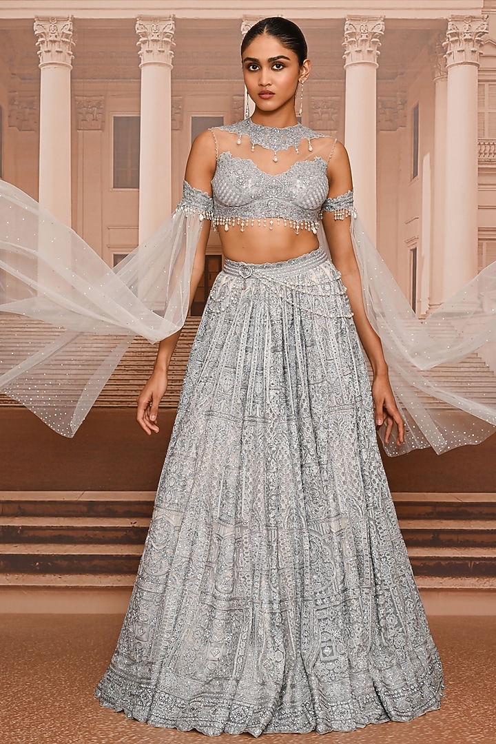 Ice Blue Tulle Pearl Embroidered Bridal Lehenga Set by Tarun Tahiliani at Pernia's Pop Up Shop